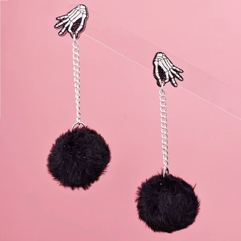 Skeleton Hand Pom Pom Earrings