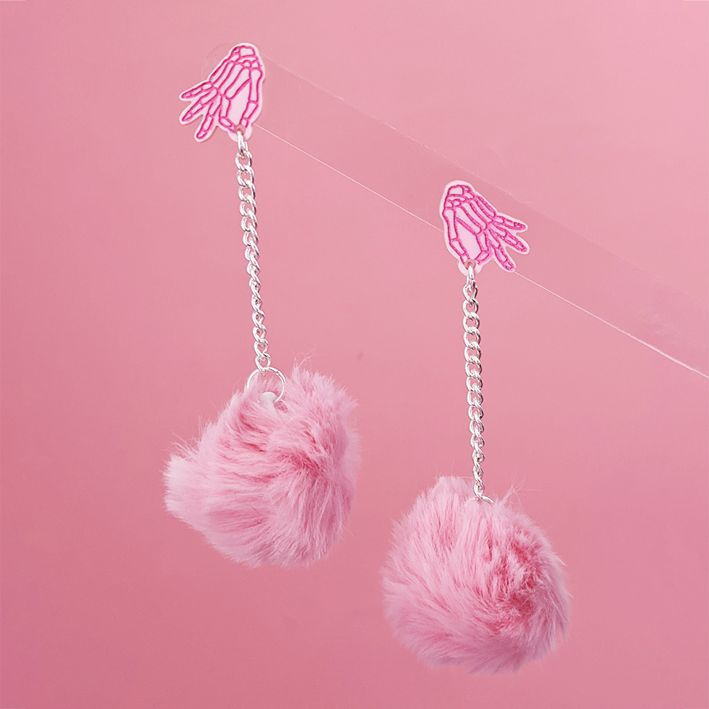 Skeleton Hand Pom Pom Earrings