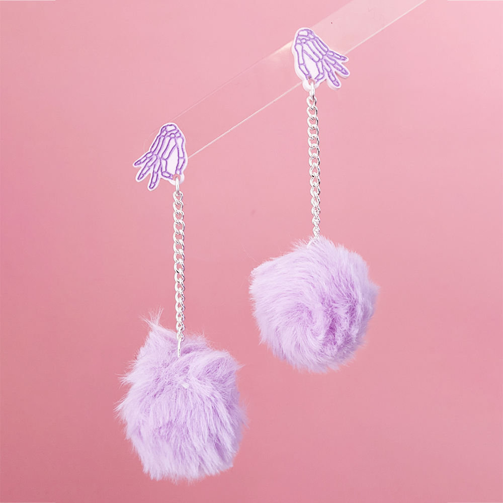 Skeleton Hand Pom Pom Earrings